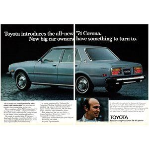 1974 Toyota Corona 2 Page Vintage Print Ad Blue Car Sedan Full Size Wall Art